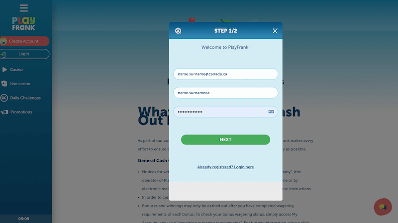 PlayFrank - Account registration
