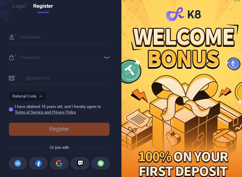 K8 Crypto Casino Canada Registration Page