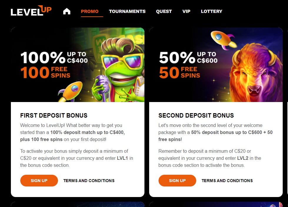 LevelUP casino Canada bonus page