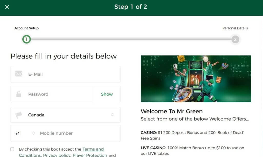 Mr Green Registration Page