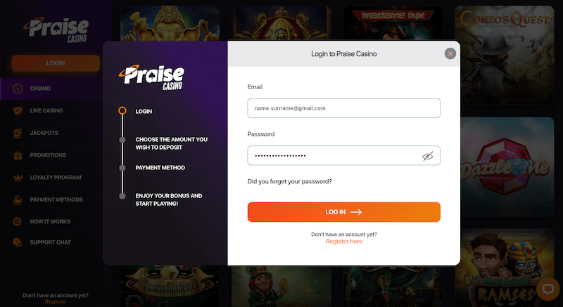 Praise Casino - Register player account