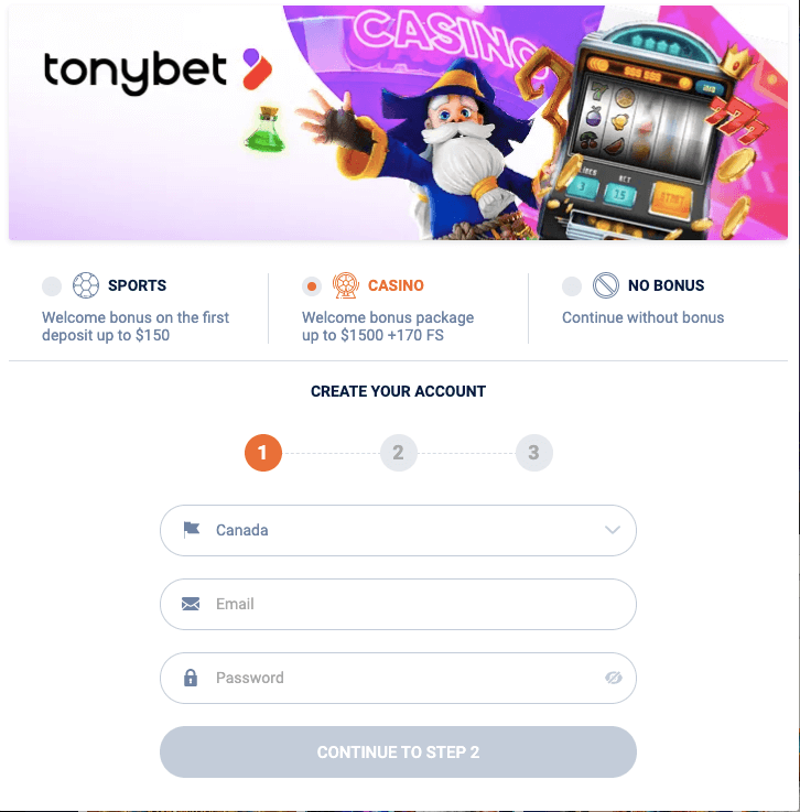TonyBet Registration 