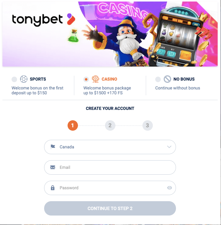 TonyBet Registration