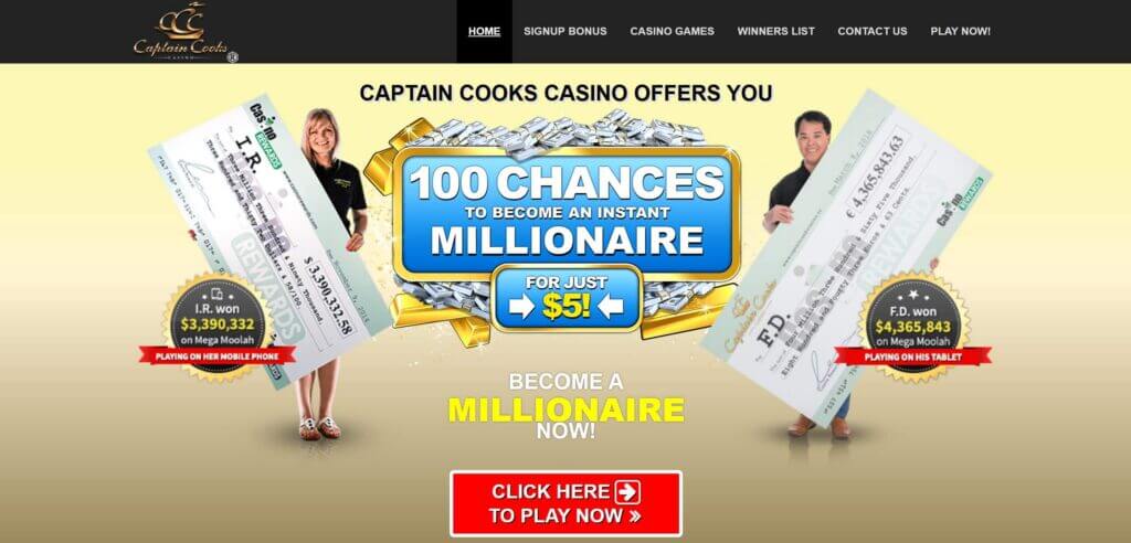 Screenshot der Captain Cooks Casino Webseite mit Spielauswahl
