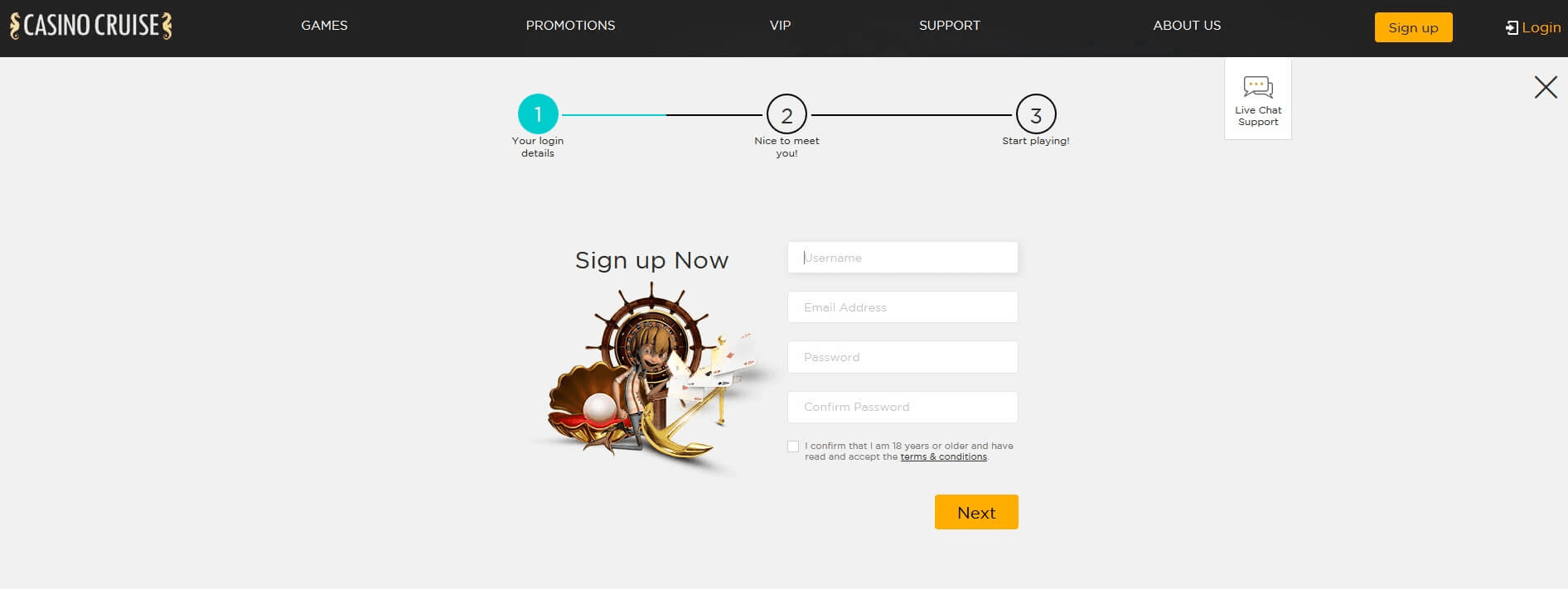 Sign up with Casino Cruise Casino Cruise Registration step 1