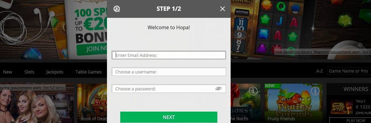 Hopa Casino registration 