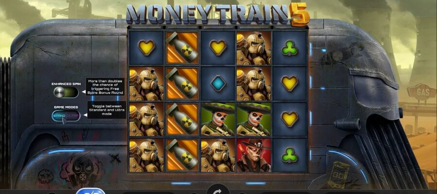 Money Train 5 base game at SlotLords with the Enhanced Spin and game mode toggles