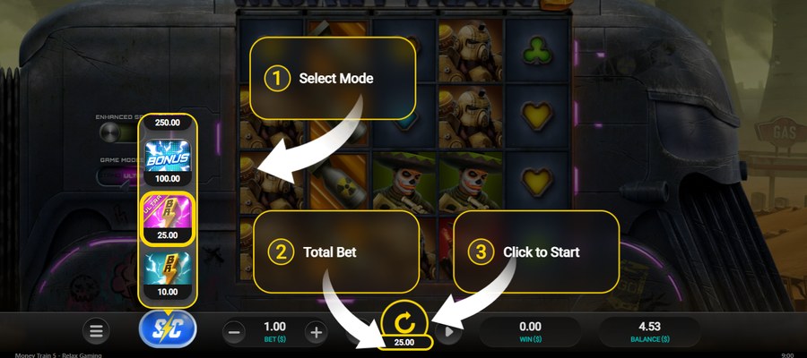 Money Train 5 bonus buy menu with Bonus Reels, Ultra Bonus Reels and Free Spins