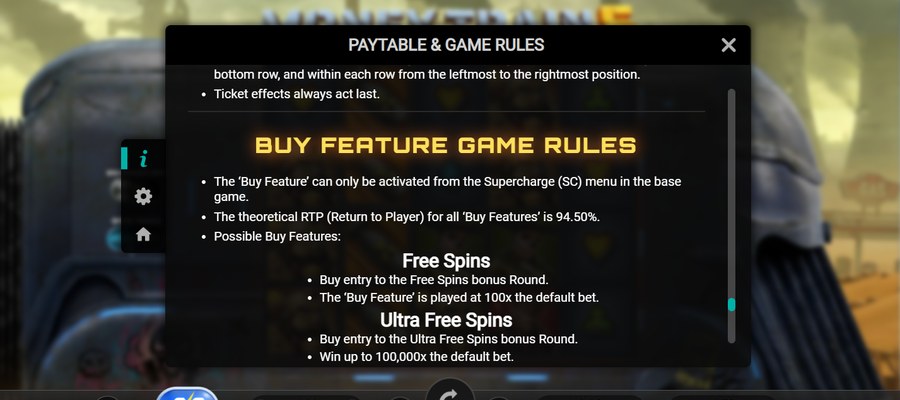 Money Train 5 buy feature game rules showing a 94.50% RTP for all buy features