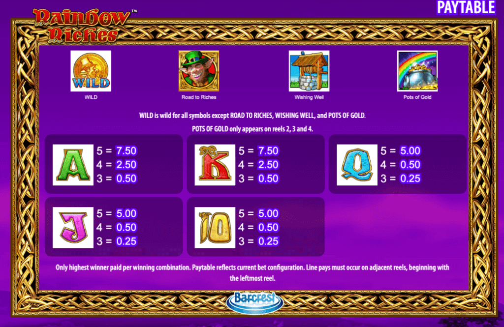 rainbow riches slot symbols paytable canada casino