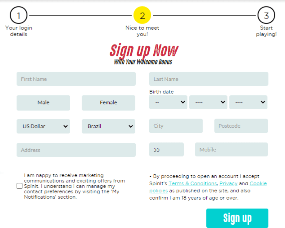 Sign up with Spinit! Spinit Casino registration step 2
