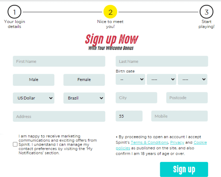 Spinit Casino registration step 2 